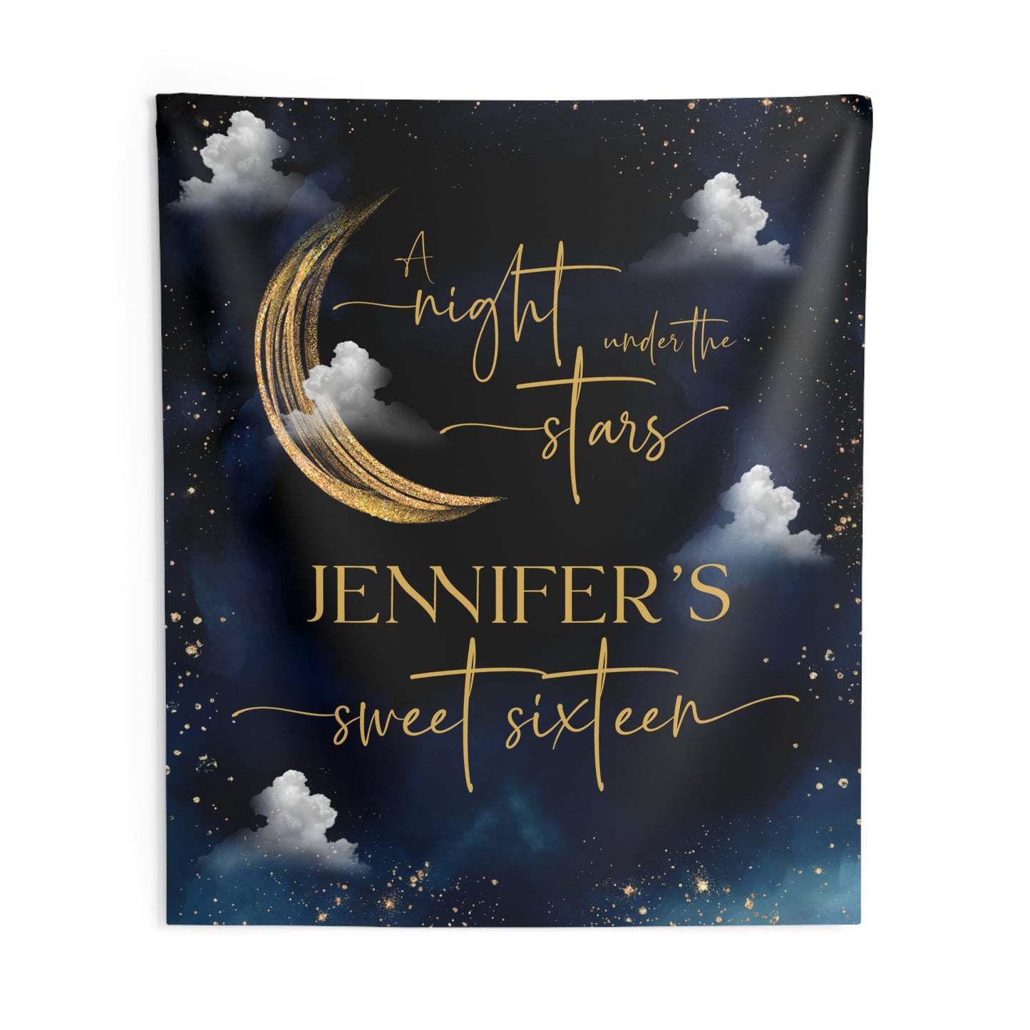 Personalized Sweet Sixteen Night Under the Stars Tapestry | Celestial Birthday Backdrop | Navy & Gold Moon Party Decoration | Starry Night Wall Hanging