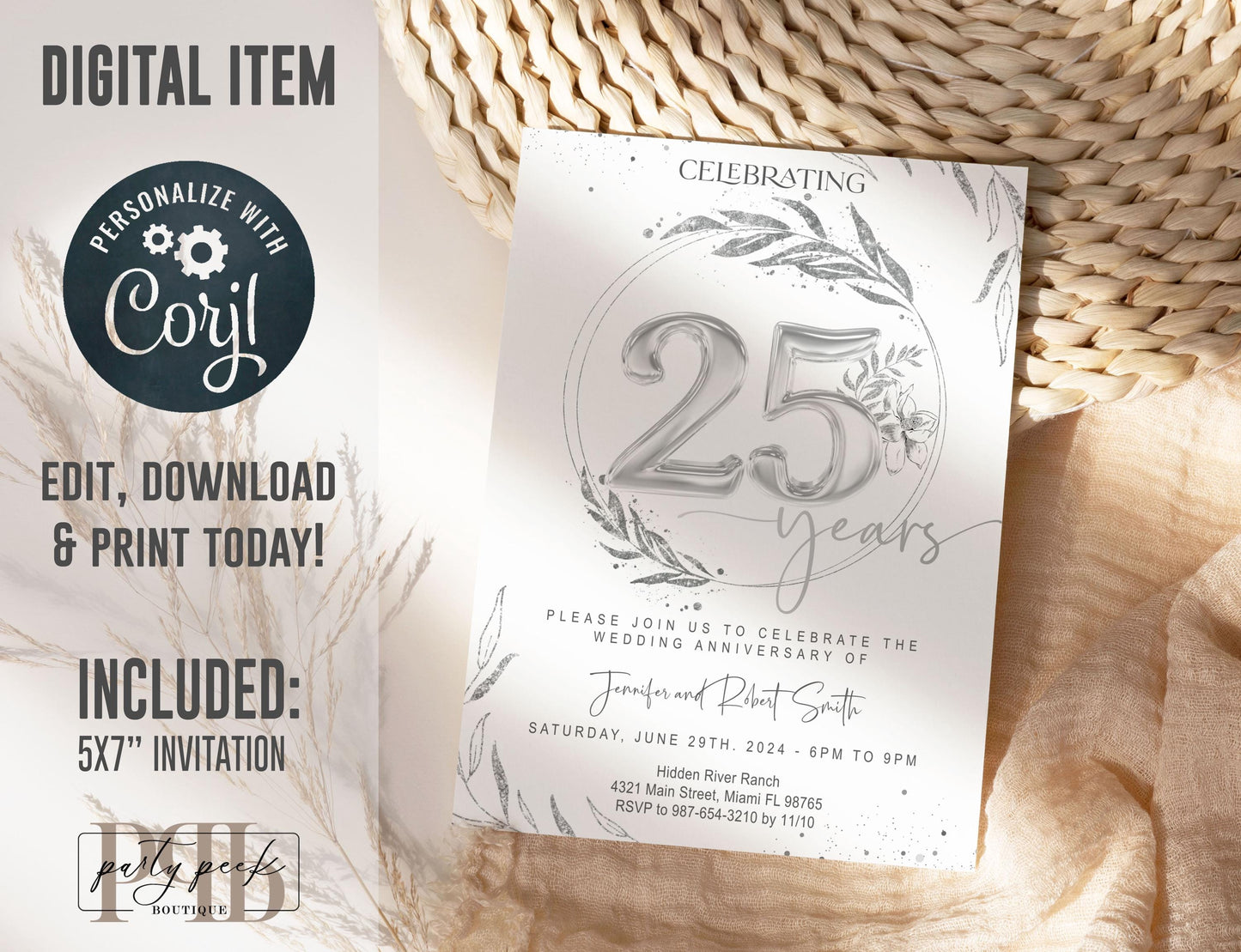 25th Silver Anniversary Invitation, Wedding Anniversary Invite Template, Elegant Foliage Editable Digital Invitation, Digital Download