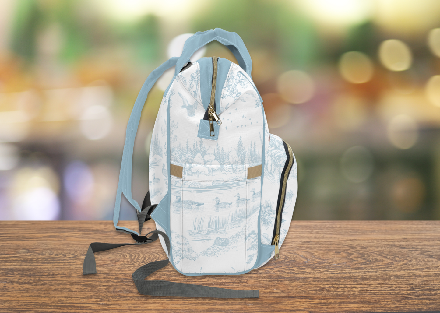 Personalized Mallard Duck Diaper Bag, Blue Toile Diaper Backpack, Woodland Baby Bag, Baby Shower Gift, Unisex Diaper Backpack