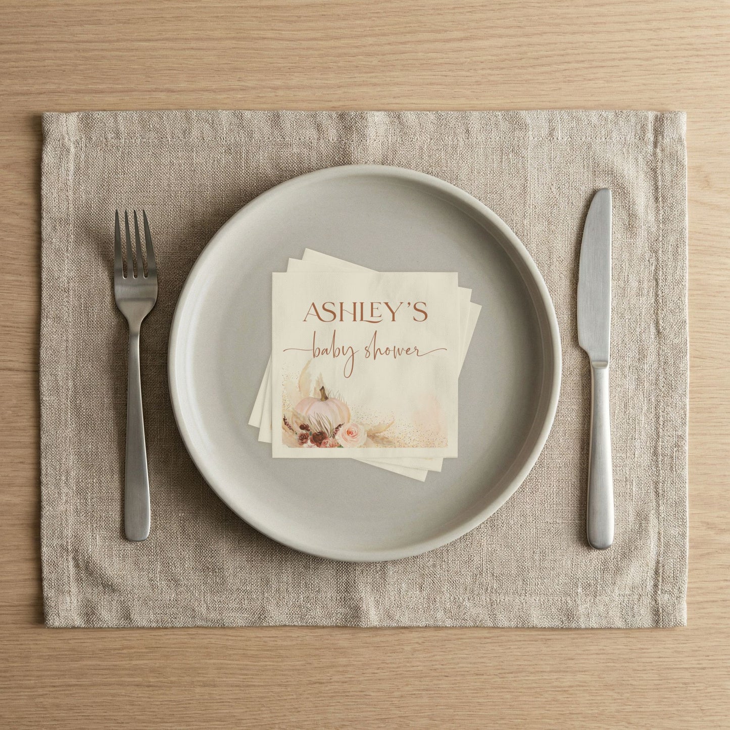Personalized Little Pumpkin Baby Shower Napkins | Boho Fall Pumpkin Baby Shower Decorations | Custom Paper Napkins