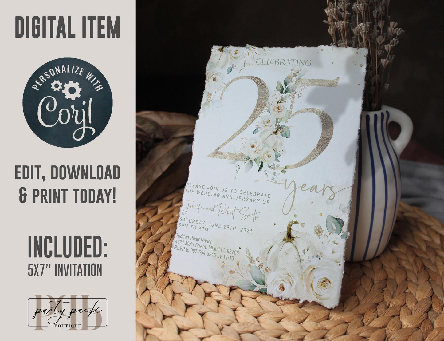 Wedding Anniversary Invitation Template – Editable Year, Fall Floral Party Invite, Elegant Autumn Foliage Design (Corjl Template)