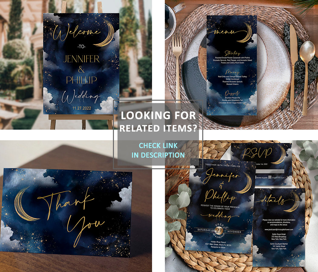 Celestial Welcome Sign Template | Moon & Galaxy Starry Night Design | Wedding or Any Celebration | Corjl | Editable