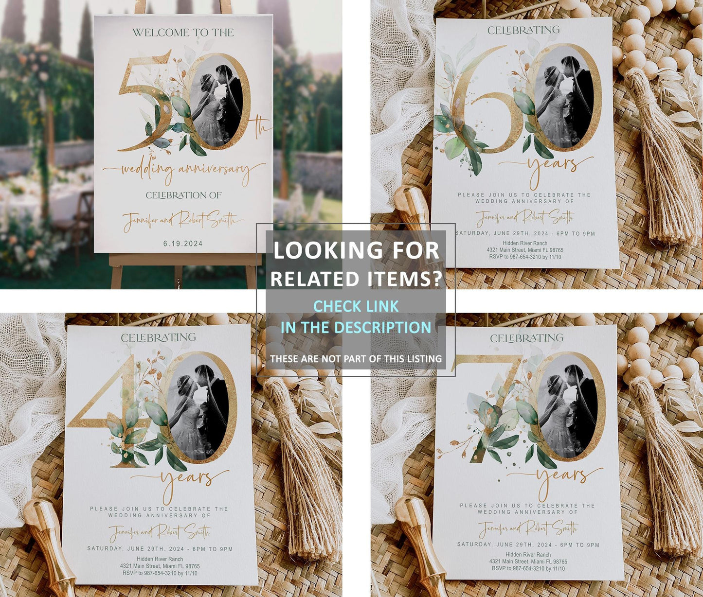 50th Wedding Anniversary Invitation Template with Photo | Greenery & Gold Eucalyptus Design | Editable Online, Digita