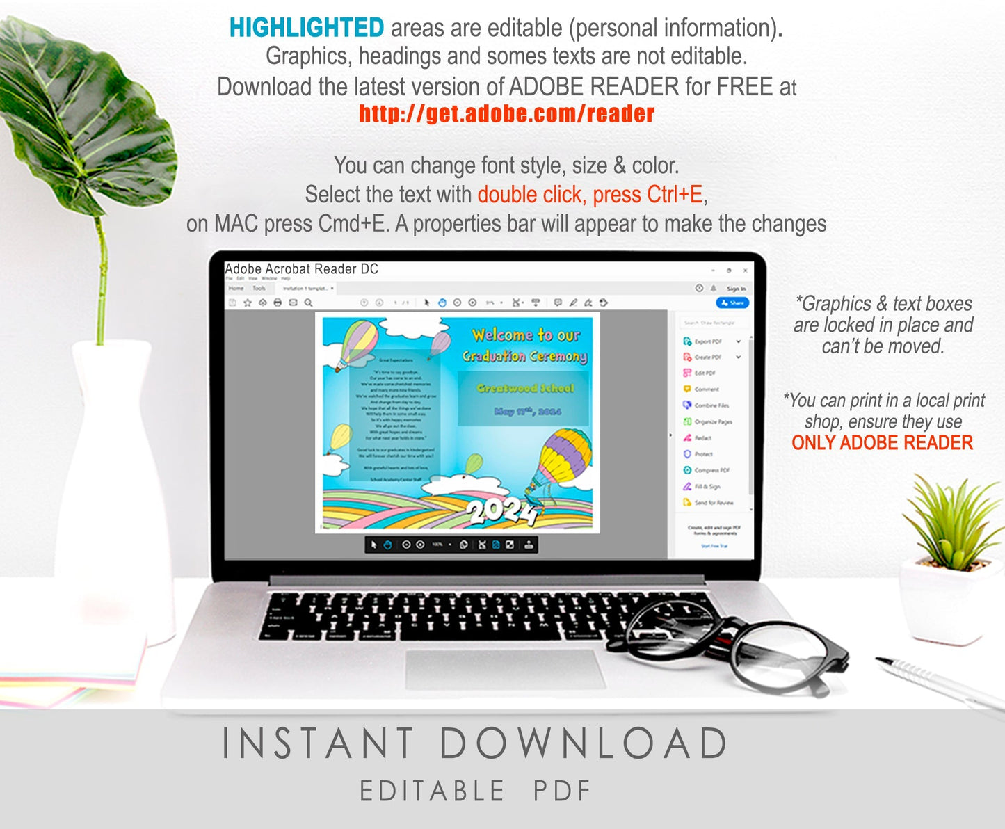 2026 Graduation Ceremony Program Template | Hot Air Balloon Theme | Editable Pre-K, Kindergarten, 1st–5th Grade Program