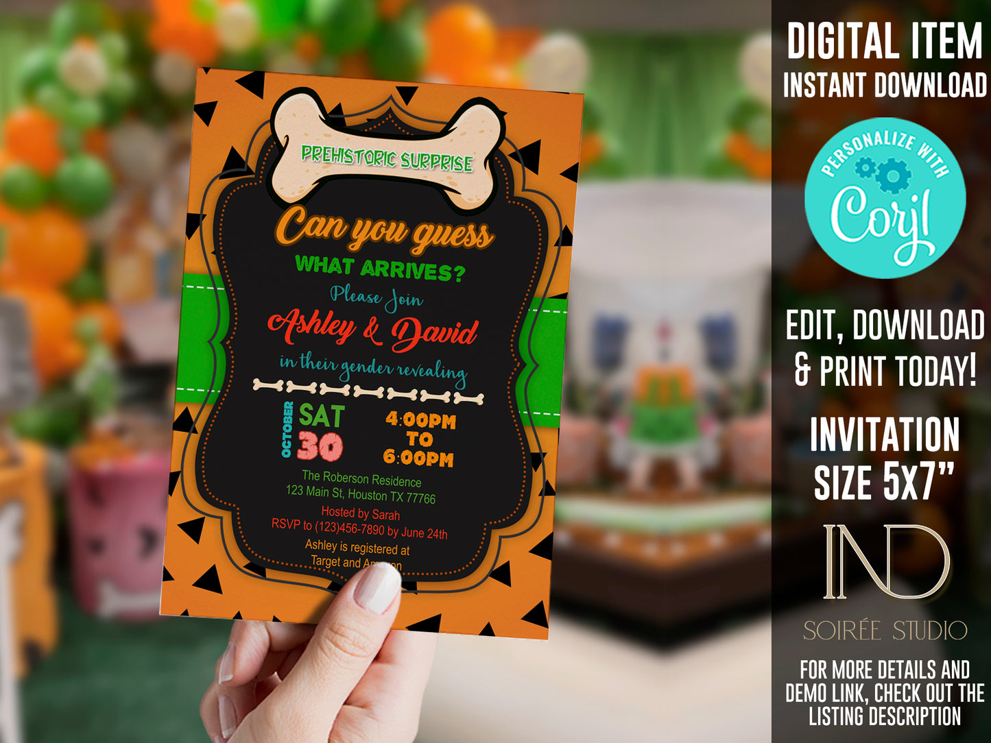 Prehistoric Caveman Gender Reveal Invitation & Party Bundle | Stone Age Editable Printable Corjl Template | Instant Download
