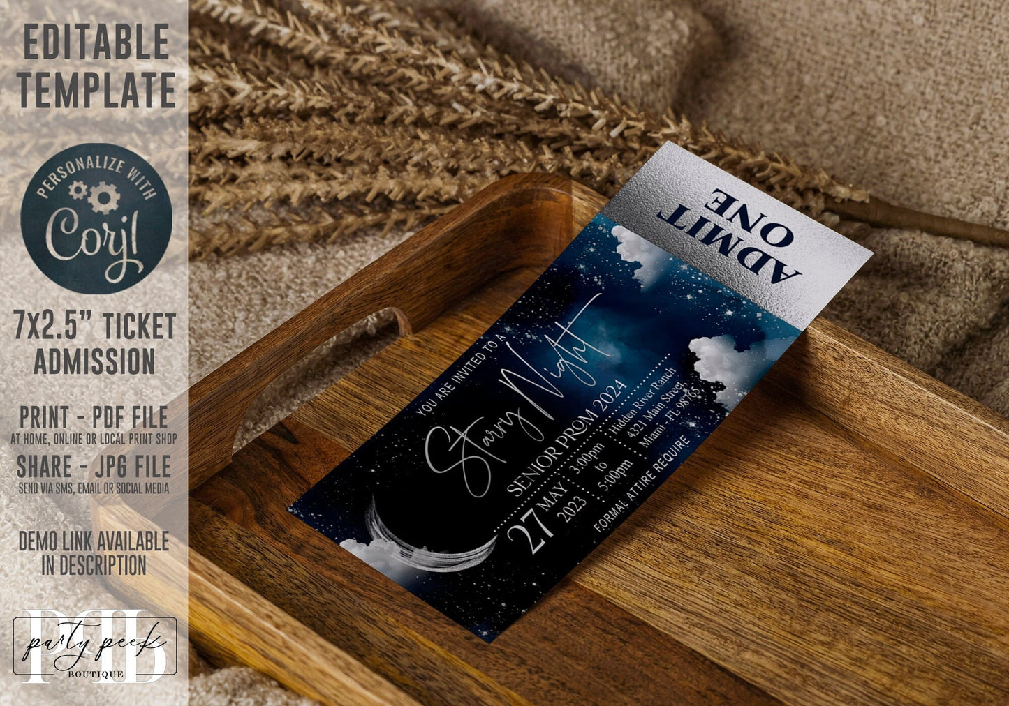 Celestial Ticket Template | Moon & Galaxy Starry Night Admission Ticket | Watercolor Design | Editable