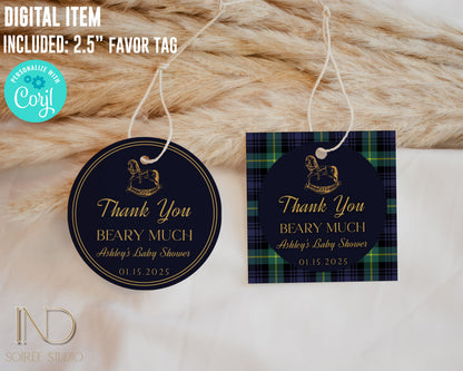 Tartan Plaid Baby Shower Invitation & Bundle | Equestrian Rocking Horse | Navy Green Preppy Winter Baby Sprinkle | Full Set Digital Download