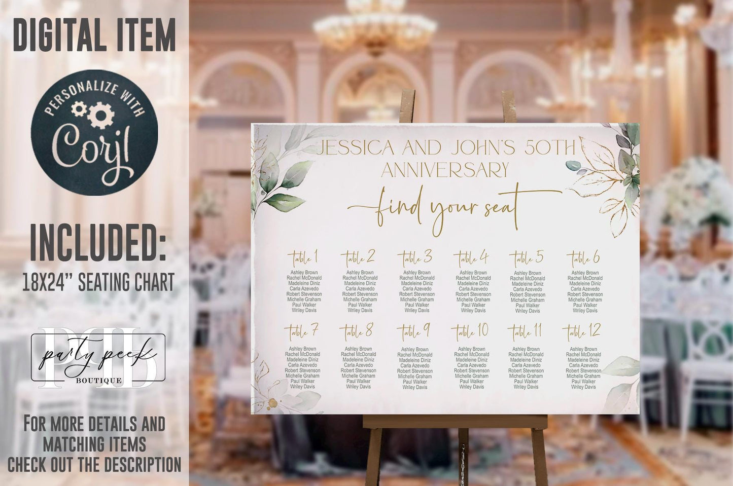50th Anniversary Seating Chart Sign Template, Editable Wedding Seating Chart, Greenery Gold Eucalyptus Anniversary Sign, Digital Download