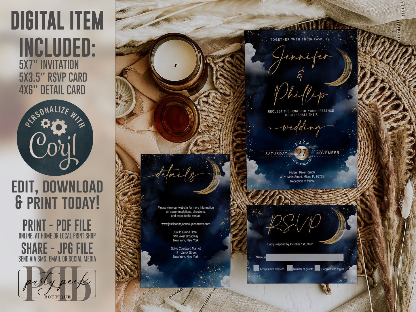 Celestial Wedding Invitation Bundle Template, Moon Galaxy Starry Night Rustic Wedding Suite, Editable Digital Download