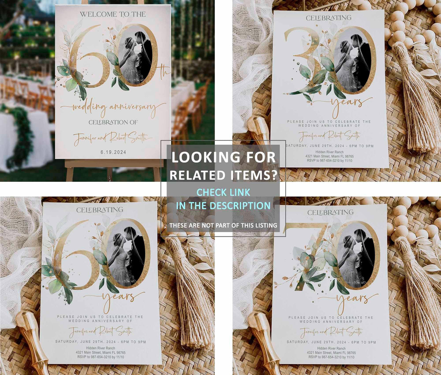 40th Wedding Anniversary Invitation Template with Photo | Greenery & Gold Eucalyptus Design | Editable Online, Digita