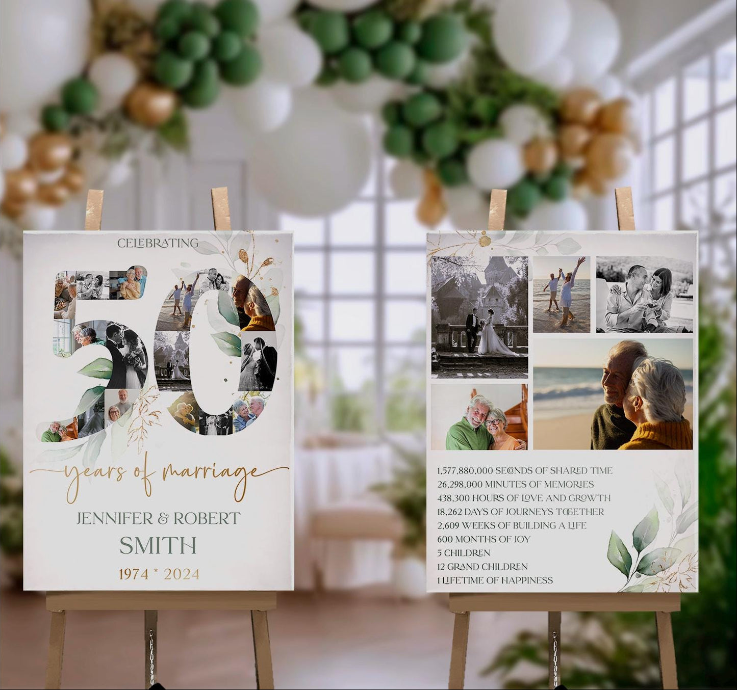 50th Anniversary Photo Collage Poster, Wedding Anniversary Sign with Photos, Editable Greenery Gold Eucalyptus Template, Digital Download