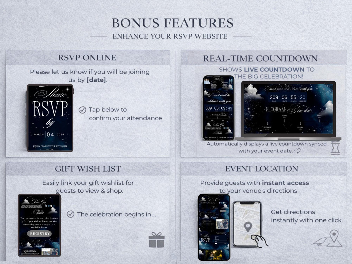 Celestial Quinceañera Website Template | Night Under the Stars | Moon & Galaxy RSVP Site with Countdown & Map | Canva | Editable Online Invite