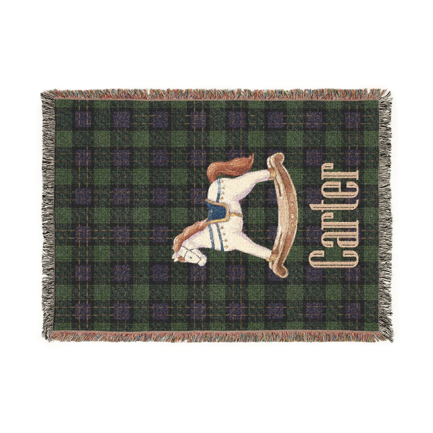 Rocking Horse Baby Blanket, Green Tartan Plaid Woven Throw, Preppy Nursery Decor, Heirloom Cotton Baby Blanket, Baby Shower Gift