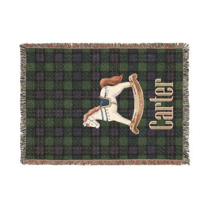 Rocking Horse Baby Blanket, Green Tartan Plaid Woven Throw, Preppy Nursery Decor, Heirloom Cotton Baby Blanket, Baby Shower Gift