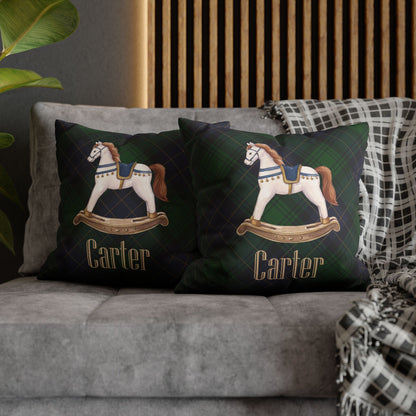 Personalized Rocking Horse Nursery Pillow Cover, Custom Baby Name Pillow, Green Tartan Plaid Nursery Decor, Faux Suede Cushion Cover