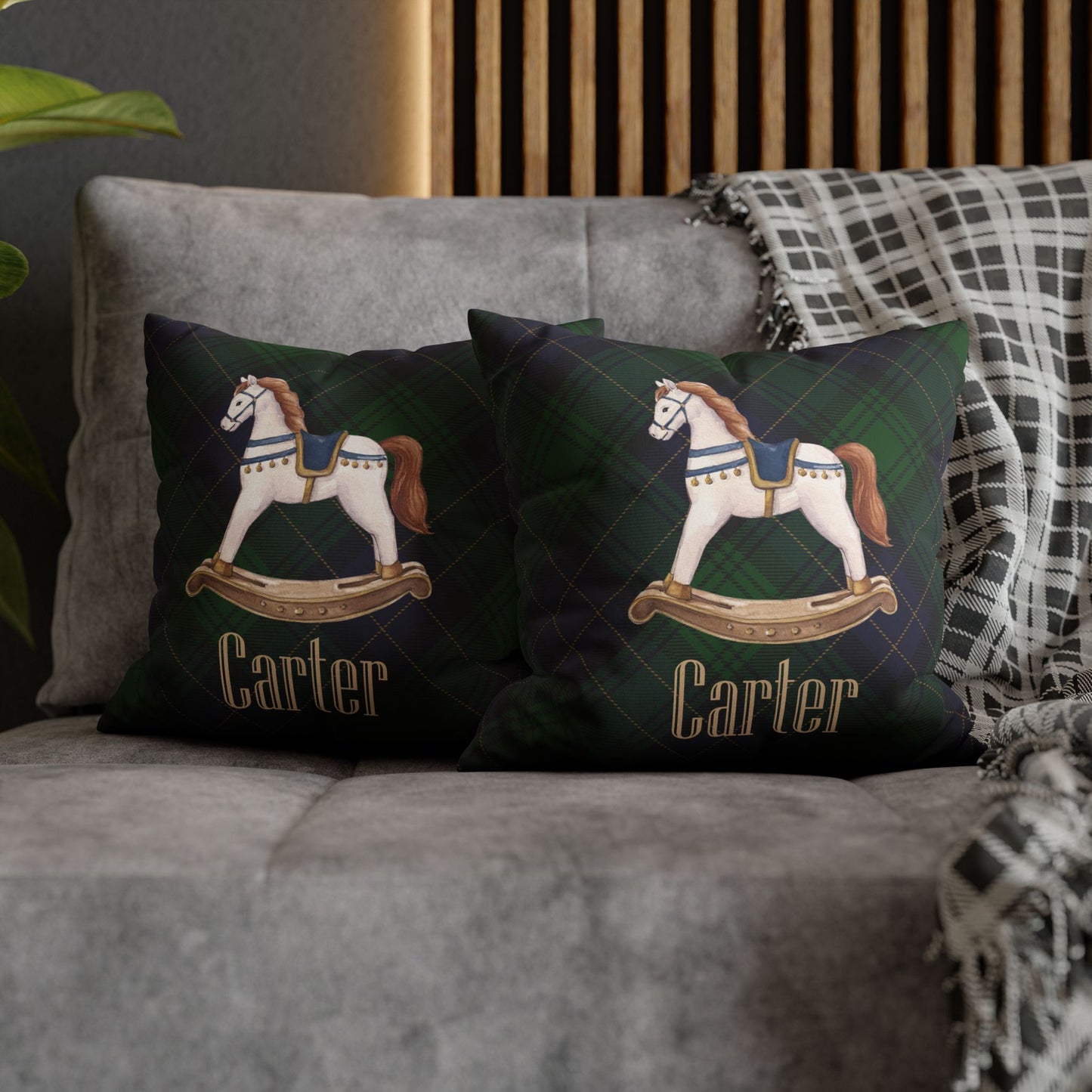 Personalized Rocking Horse Nursery Pillow Cover, Custom Baby Name Pillow, Green Tartan Plaid Nursery Decor, Faux Suede Cushion Cover