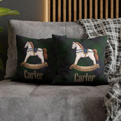 Personalized Rocking Horse Nursery Pillow Cover, Custom Baby Name Pillow, Green Tartan Plaid Nursery Decor, Faux Suede Cushion Cover