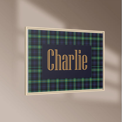 Preppy Tartan Nursery Name Sign, Personalized Baby Name Wall Art, Green & Navy Plaid Nursery Decor, Custom Boy Nursery Sign, Framed Canvas