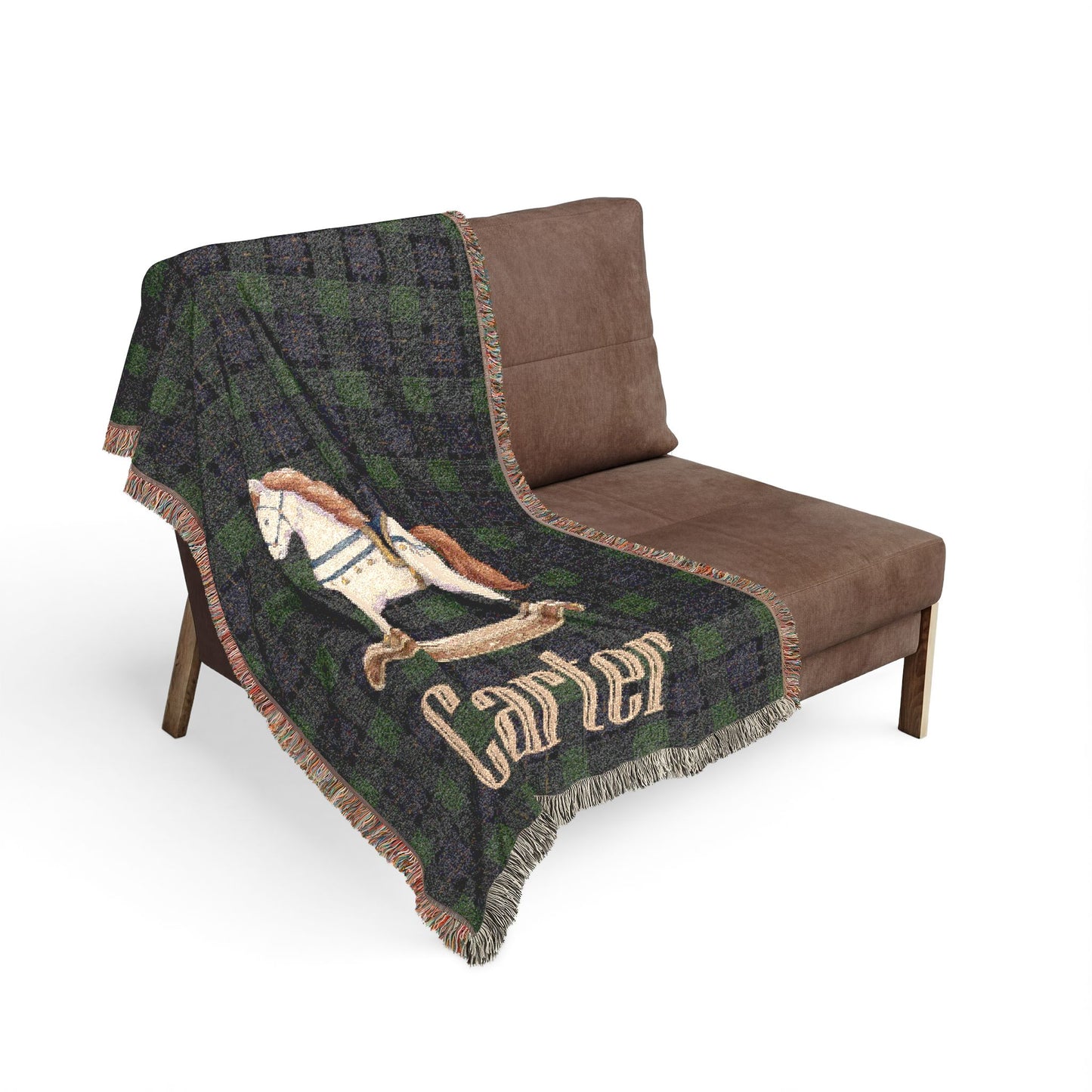 Rocking Horse Baby Blanket, Green Tartan Plaid Woven Throw, Preppy Nursery Decor, Heirloom Cotton Baby Blanket, Baby Shower Gift