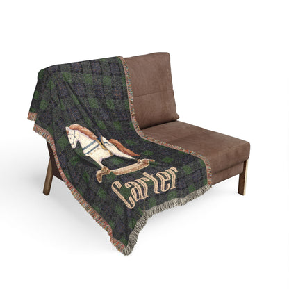 Rocking Horse Baby Blanket, Green Tartan Plaid Woven Throw, Preppy Nursery Decor, Heirloom Cotton Baby Blanket, Baby Shower Gift