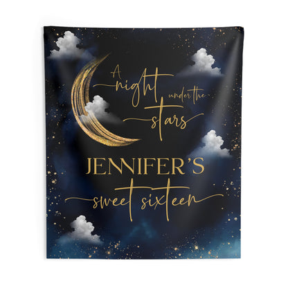 Personalized Sweet Sixteen Night Under the Stars Tapestry | Celestial Birthday Backdrop | Navy & Gold Moon Party Decoration | Starry Night Wall Hanging