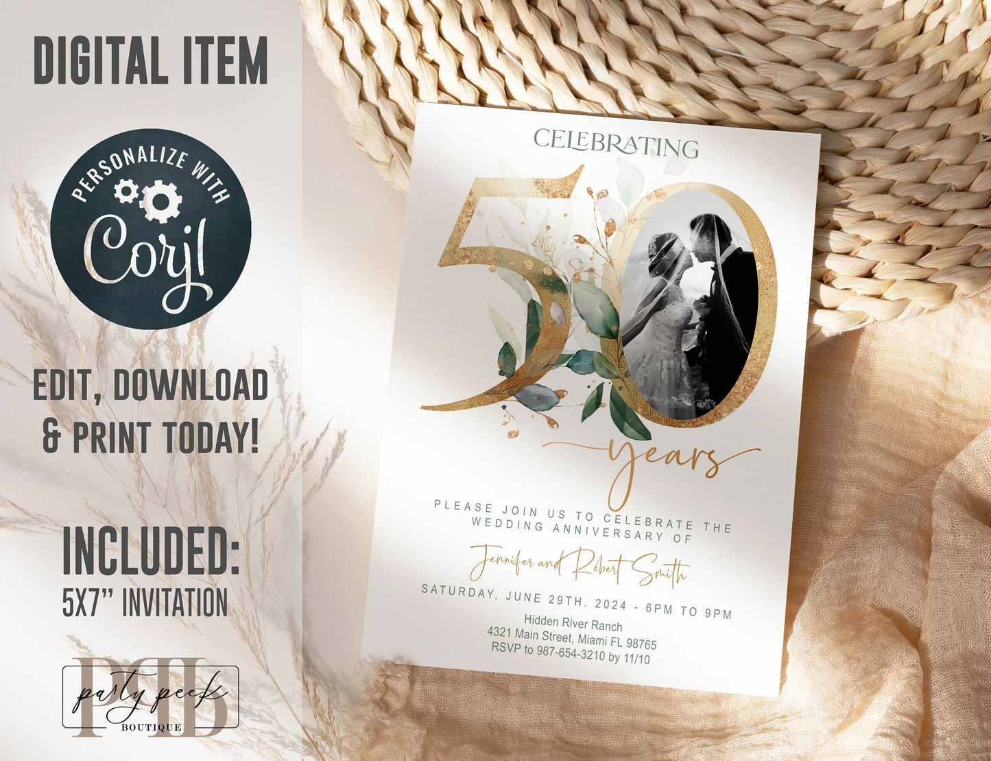 50th Wedding Anniversary Invitation Template with Photo | Greenery & Gold Eucalyptus Design | Editable Online, Digita