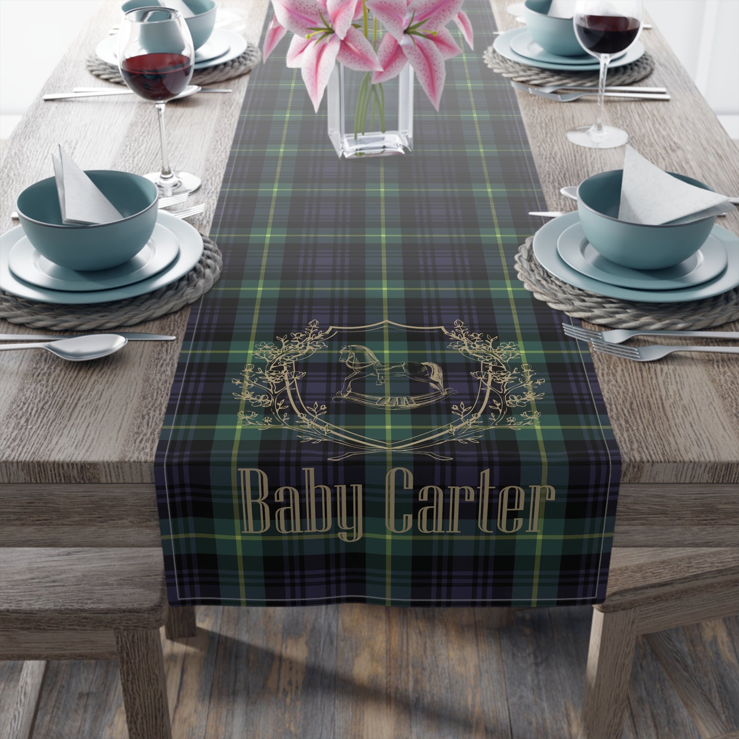 Personalized Rocking Horse Baby Shower Table Runner | Tartan Plaid Baby Shower Decor | Polo Sport Inspired Party Decorations