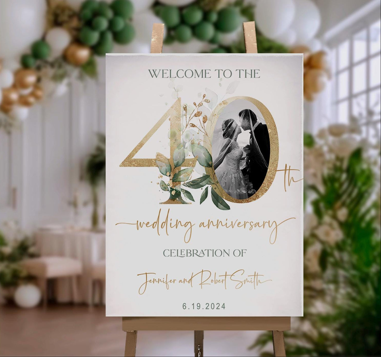 40th Anniversary Welcome Sign, Wedding Anniversary Decor Template, Editable Greenery Gold Eucalyptus Sign, Digital Download