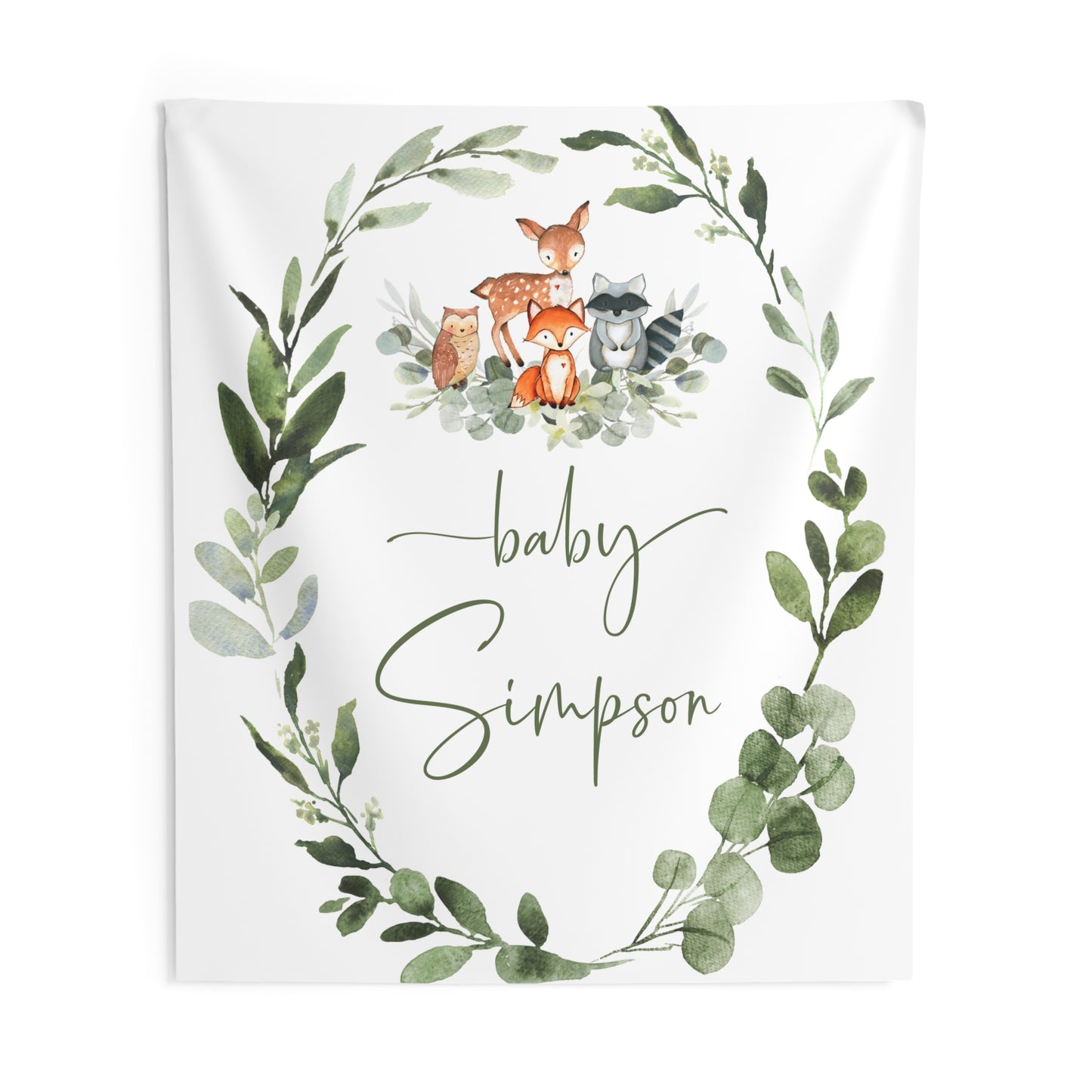 Personalized Woodland Baby Shower Tapestry, Woodland Nursery Wall Hanging, Forest Animals Baby Name Banner, Woodland Nursery Decor, Baby Shower Backdrop