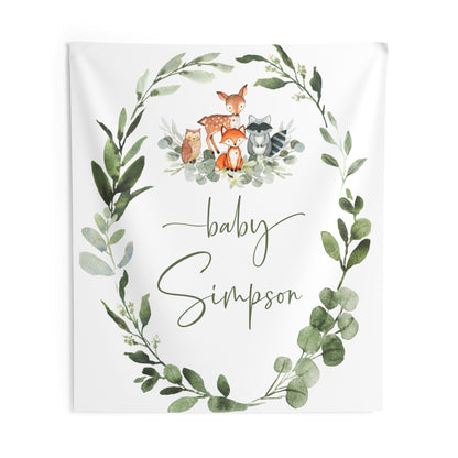 Personalized Woodland Baby Shower Tapestry, Woodland Nursery Wall Hanging, Forest Animals Baby Name Banner, Woodland Nursery Decor, Baby Shower Backdrop