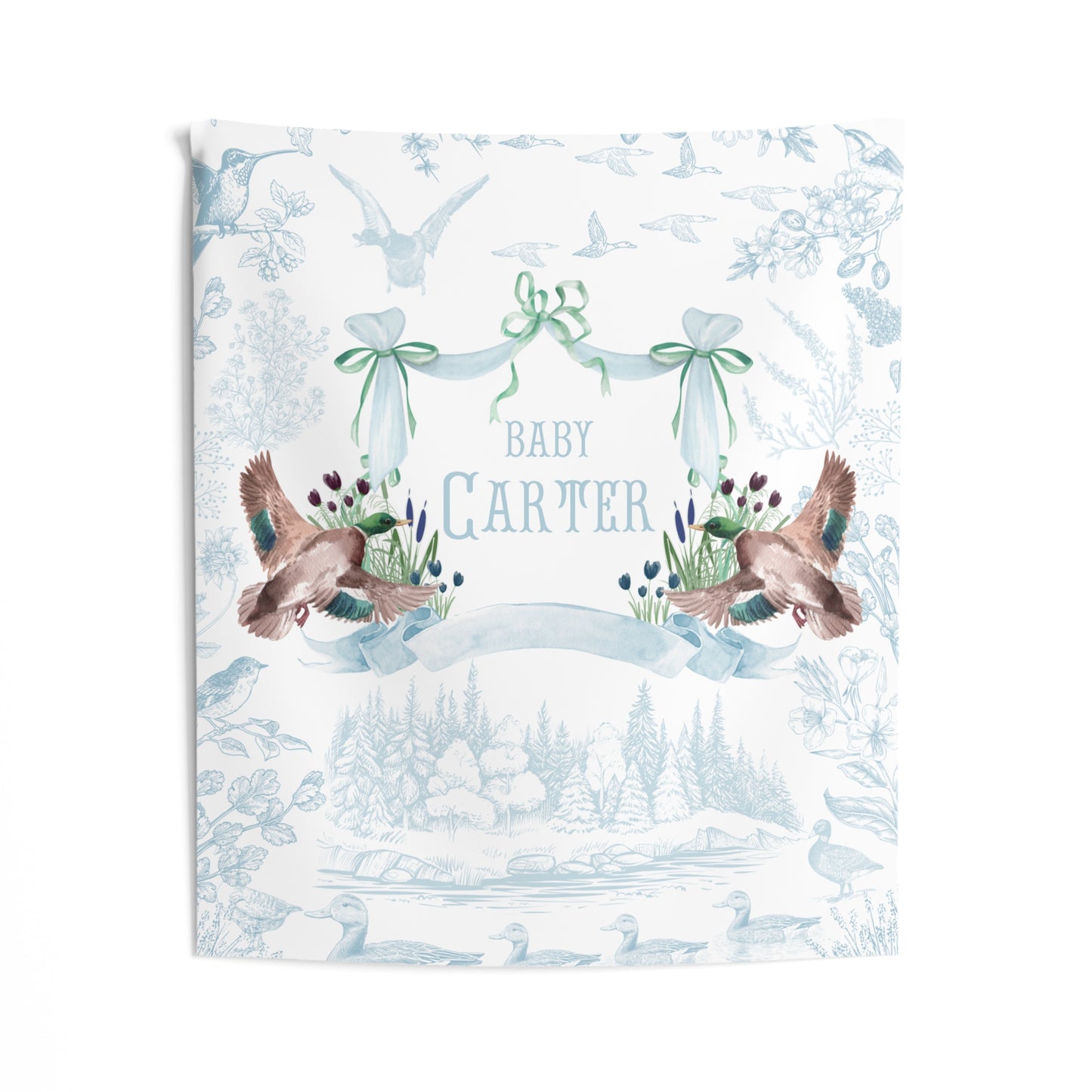 Personalized Mallard Duck Baby Shower Backdrop, Nursery Wall Tapestry, Custom Duck Baby Banner, Woodland Toile Nursery Decor