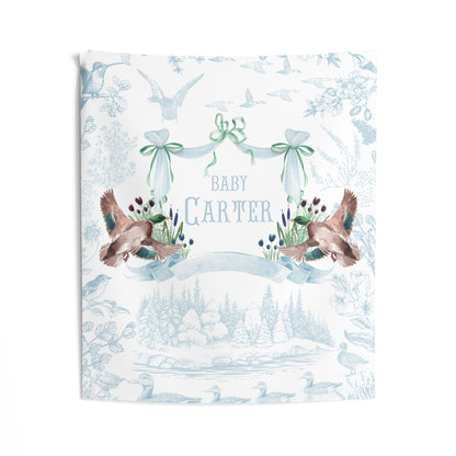 Personalized Mallard Duck Baby Shower Backdrop, Nursery Wall Tapestry, Custom Duck Baby Banner, Woodland Toile Nursery Decor