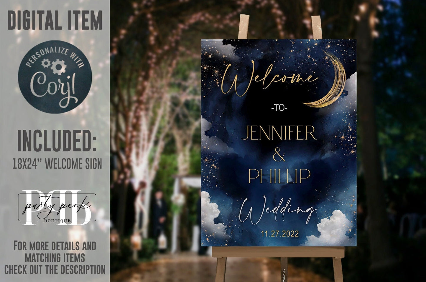 Celestial Welcome Sign Template | Moon & Galaxy Starry Night Design | Wedding or Any Celebration | Corjl | Editable