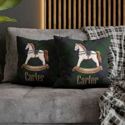 Personalized Rocking Horse Nursery Pillow Cover, Custom Baby Name Pillow, Green Tartan Plaid Nursery Decor, Faux Suede Cushion Cover