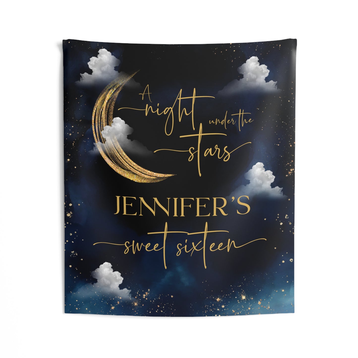 Personalized Sweet Sixteen Night Under the Stars Tapestry | Celestial Birthday Backdrop | Navy & Gold Moon Party Decoration | Starry Night Wall Hanging