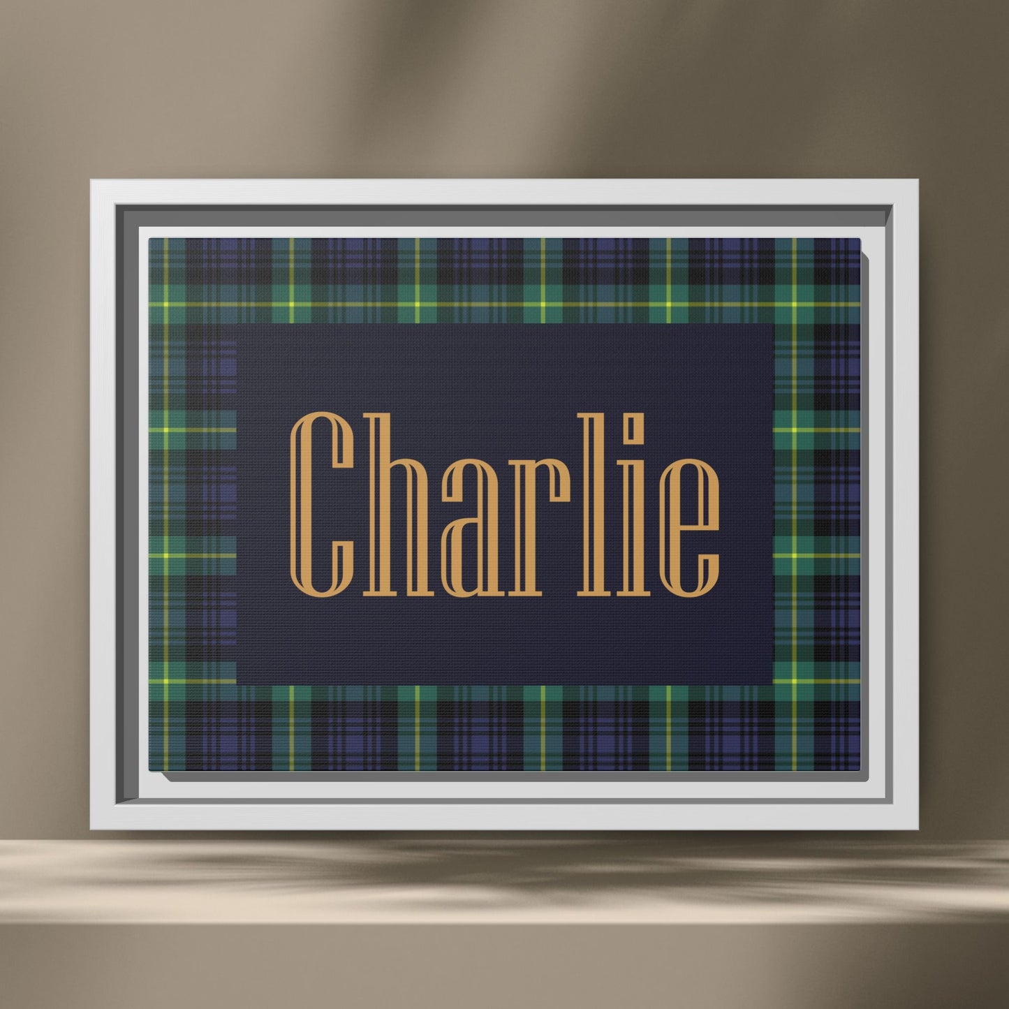 Preppy Tartan Nursery Name Sign, Personalized Baby Name Wall Art, Green & Navy Plaid Nursery Decor, Custom Boy Nursery Sign, Framed Canvas