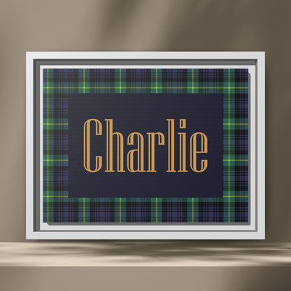 Preppy Tartan Nursery Name Sign, Personalized Baby Name Wall Art, Green & Navy Plaid Nursery Decor, Custom Boy Nursery Sign, Framed Canvas