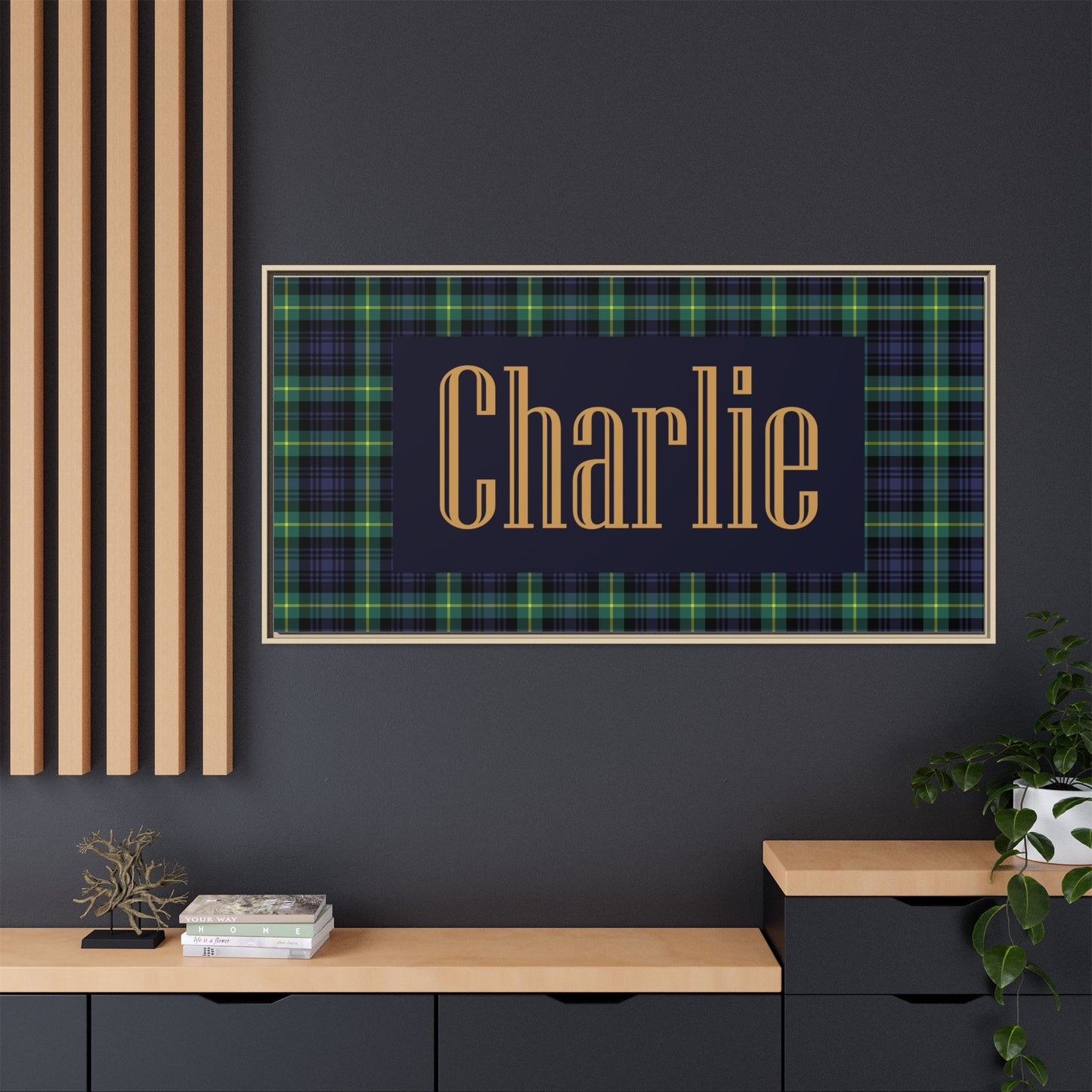 Preppy Tartan Nursery Name Sign, Personalized Baby Name Wall Art, Green & Navy Plaid Nursery Decor, Custom Boy Nursery Sign, Framed Canvas