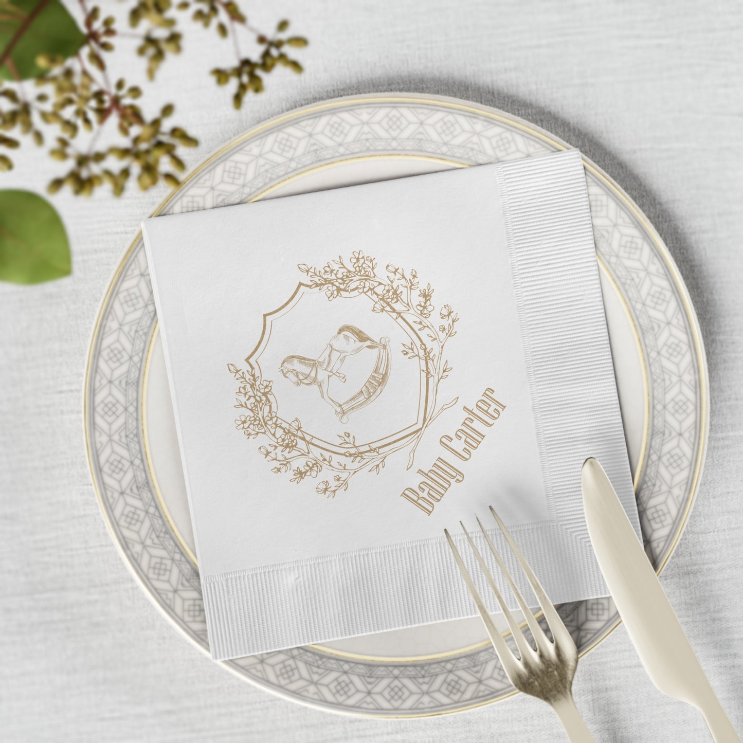 Personalized Rocking Horse Baby Shower Napkins | Preppy Tartan Baby Shower Decor | Custom Paper Napkins