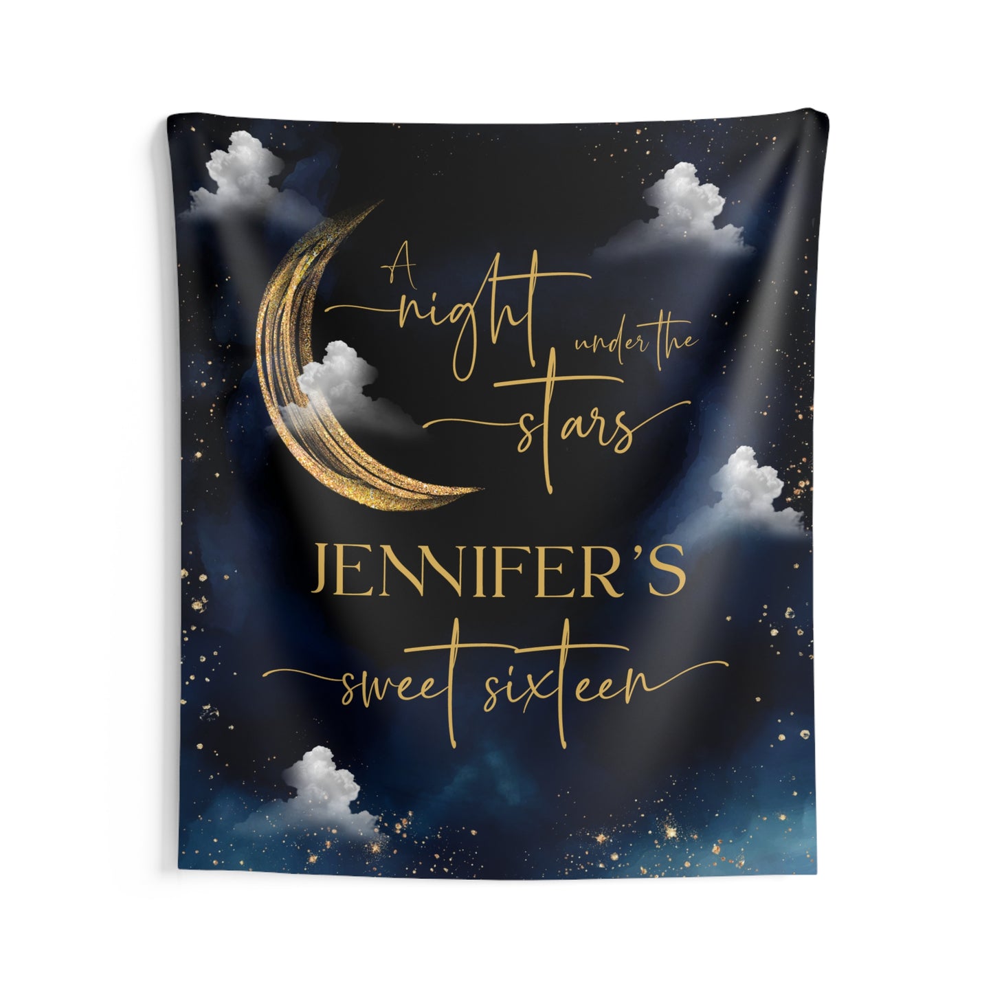 Personalized Sweet Sixteen Night Under the Stars Tapestry | Celestial Birthday Backdrop | Navy & Gold Moon Party Decoration | Starry Night Wall Hanging