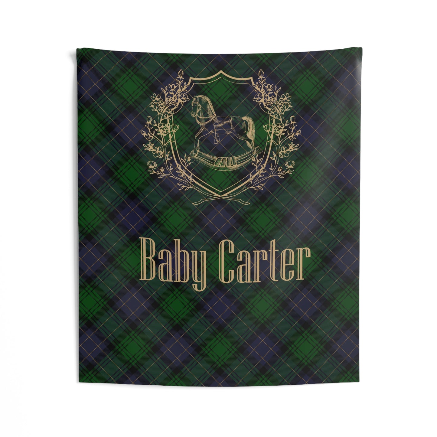 Personalized Rocking Horse Nursery Tapestry, Green & Navy Tartan Wall Hanging, Preppy Baby Room Decor, Baby Shower Backdrop, Plaid Nursery Decor