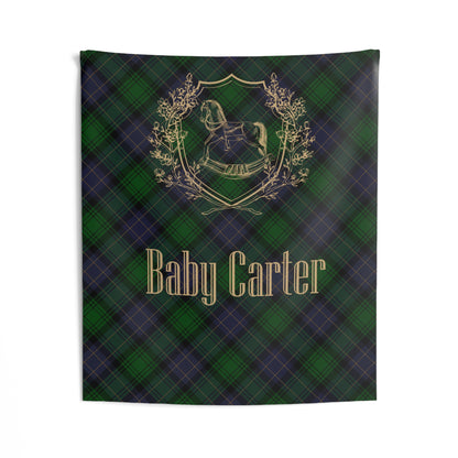 Personalized Rocking Horse Nursery Tapestry, Green & Navy Tartan Wall Hanging, Preppy Baby Room Decor, Baby Shower Backdrop, Plaid Nursery Decor