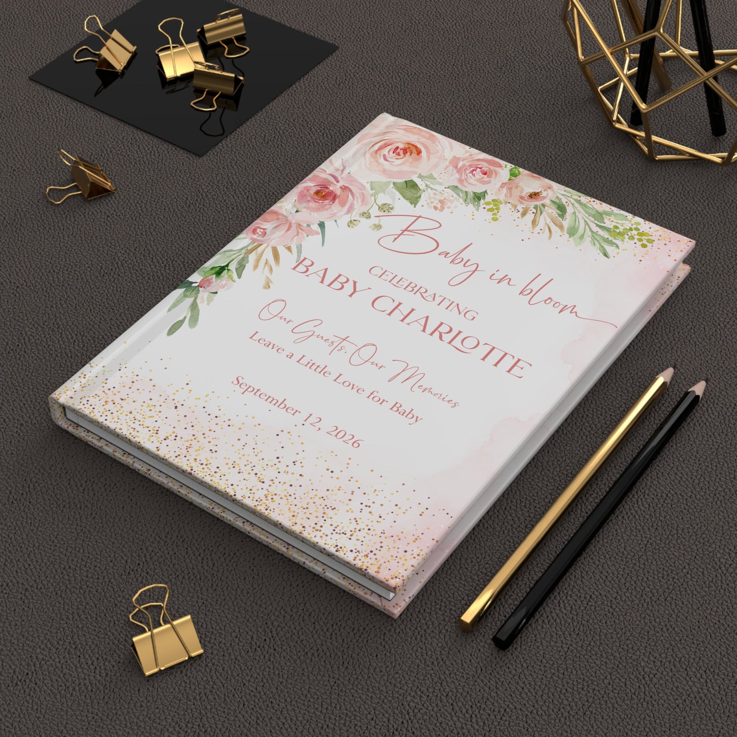 Baby in Bloom Guest Book, Personalized Baby Shower Guest Book, Blush Floral Memory Book, Hardcover Baby Shower Keepsake Journal
