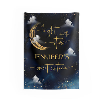 Personalized Sweet Sixteen Night Under the Stars Tapestry | Celestial Birthday Backdrop | Navy & Gold Moon Party Decoration | Starry Night Wall Hanging