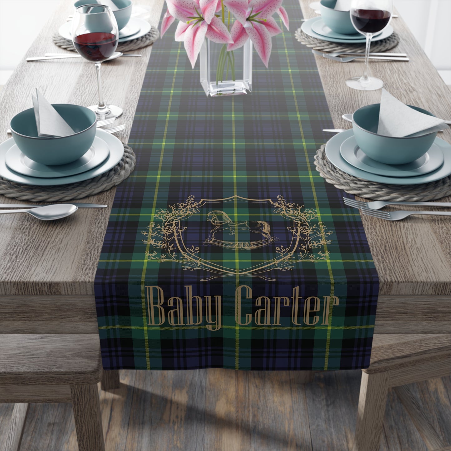 Personalized Rocking Horse Baby Shower Table Runner | Tartan Plaid Baby Shower Decor | Polo Sport Inspired Party Decorations