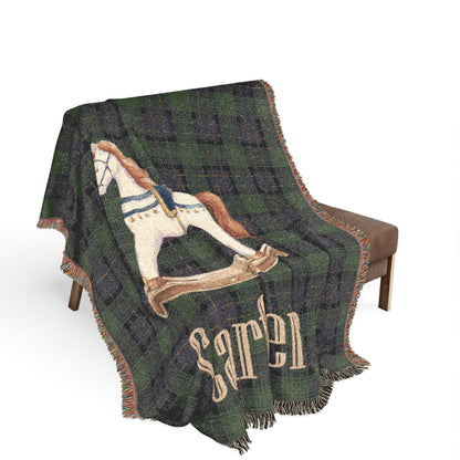 Rocking Horse Baby Blanket, Green Tartan Plaid Woven Throw, Preppy Nursery Decor, Heirloom Cotton Baby Blanket, Baby Shower Gift