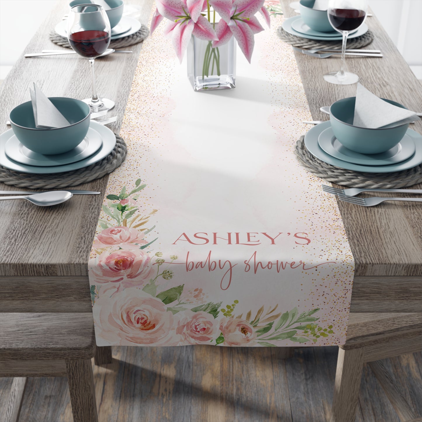 Personalized Floral Table Runner - Pink Rose Party Decor