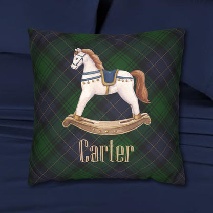 Personalized Rocking Horse Nursery Pillow Cover, Custom Baby Name Pillow, Green Tartan Plaid Nursery Decor, Faux Suede Cushion Cover