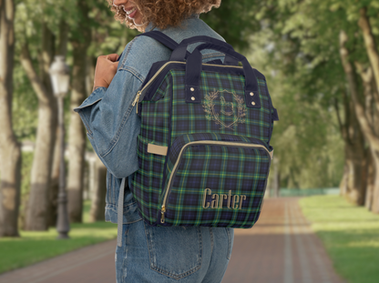 Personalized Rocking Horse Diaper Backpack, Green Tartan Plaid Diaper Bag, Preppy Baby Bag, Baby Shower Gift, Nursery Backpack