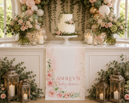 Personalized Floral Table Runner - Pink Rose Party Decor